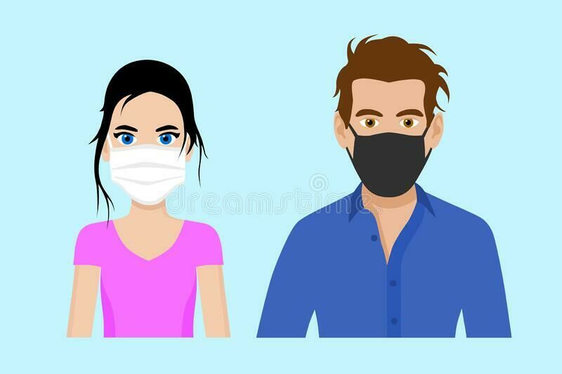 Set cartoon front view vector man woman wearing protective face mask covid safety measures restriction covering to 187089599