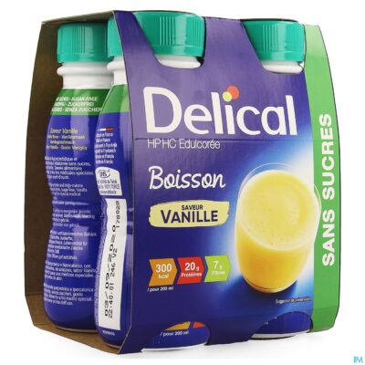 Delical melkdrank hp-hc z/suiker vanille 4x200ml