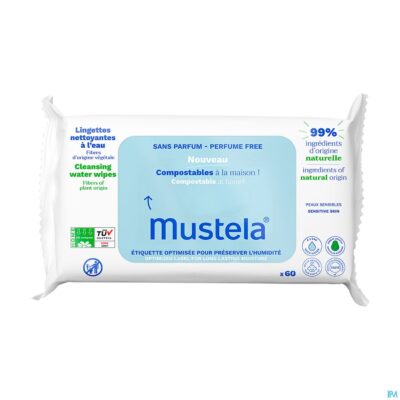 Mustela reinigende doekjes water z/parfum 60